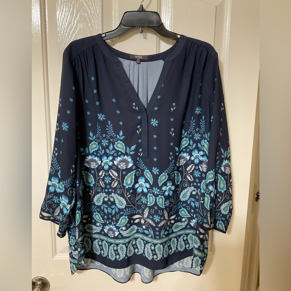 NYDJ Blue Embellished 3/4 Sleeve Blouse